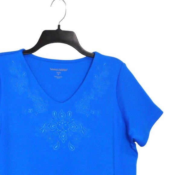 Woman Within Top Plus M 14 16 Blue Cotton Blend Short Sleeve Embroidered Tee - Picture 6 of 10